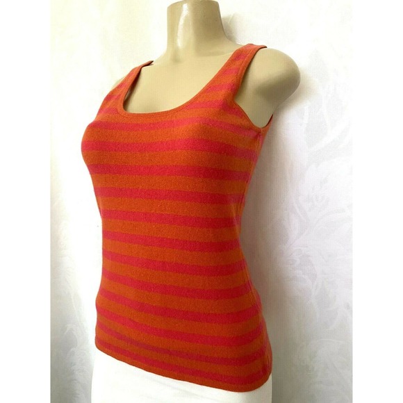Neiman Marcus Cashmere Tank Top Knit Striped Orange Pink Scoop neck Slee… - Picture 2 of 4